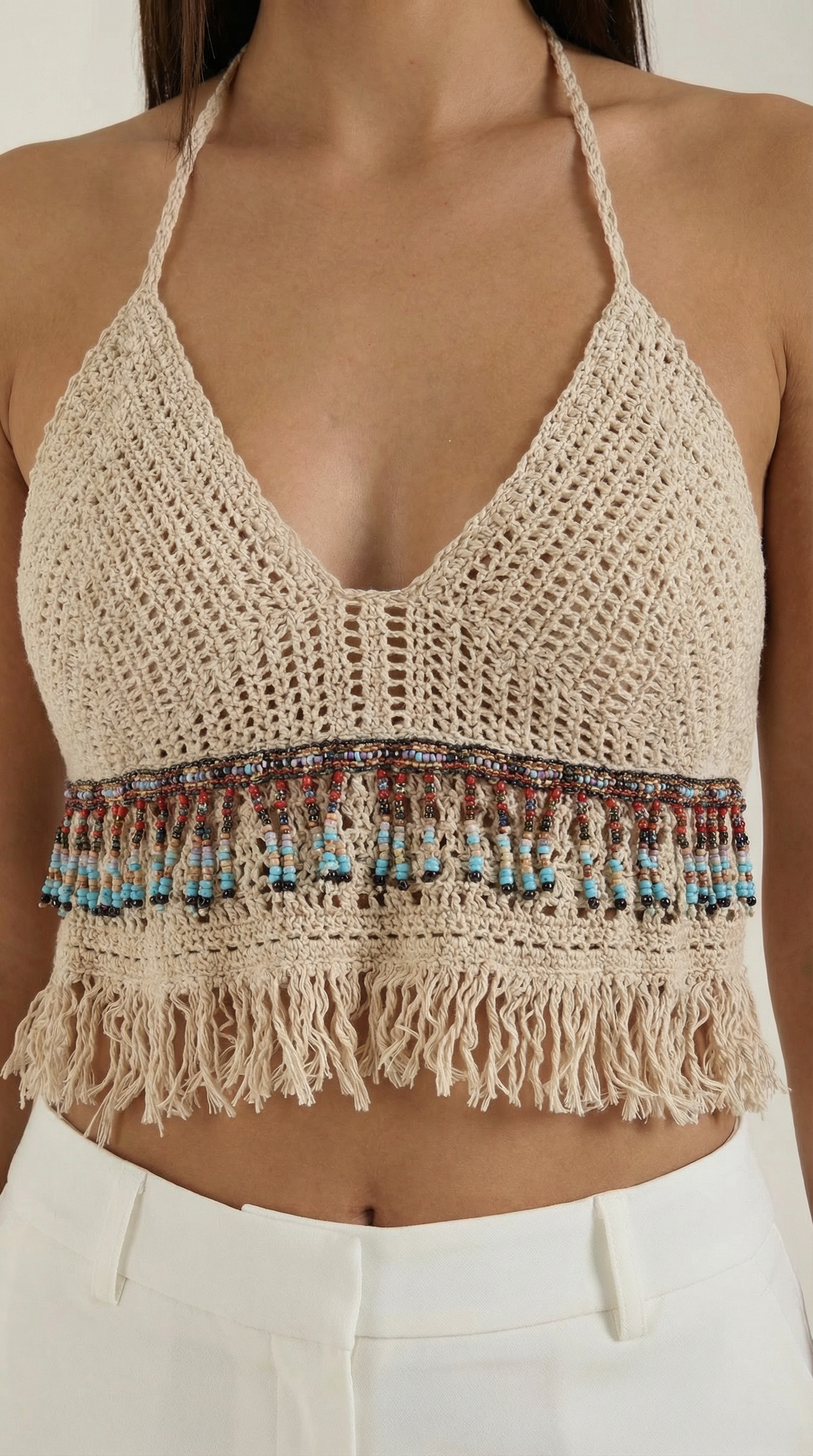 Elegante Halter de Ganchillo Celeste con Flecos