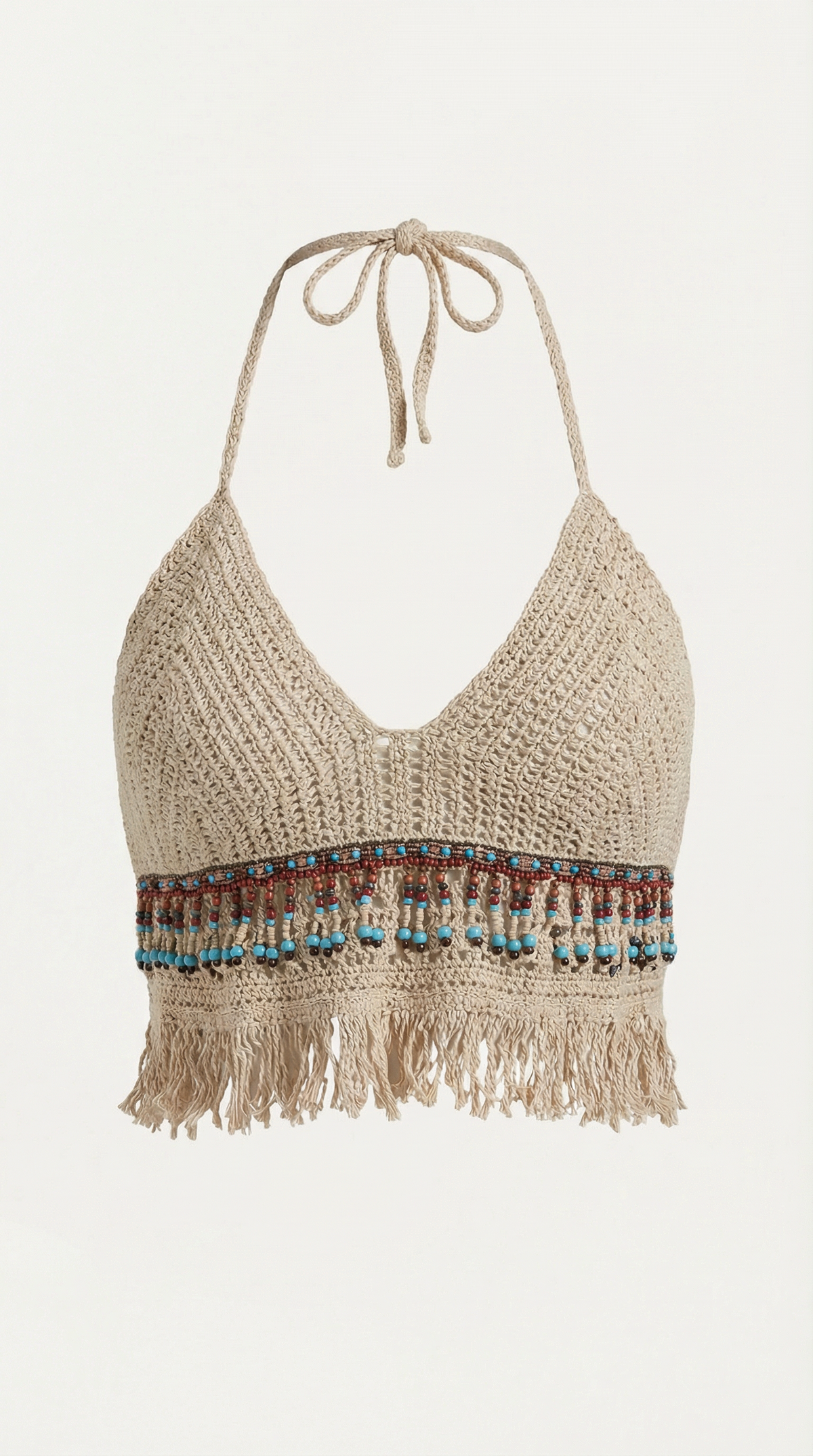 Elegante Halter de Ganchillo Celeste con Flecos