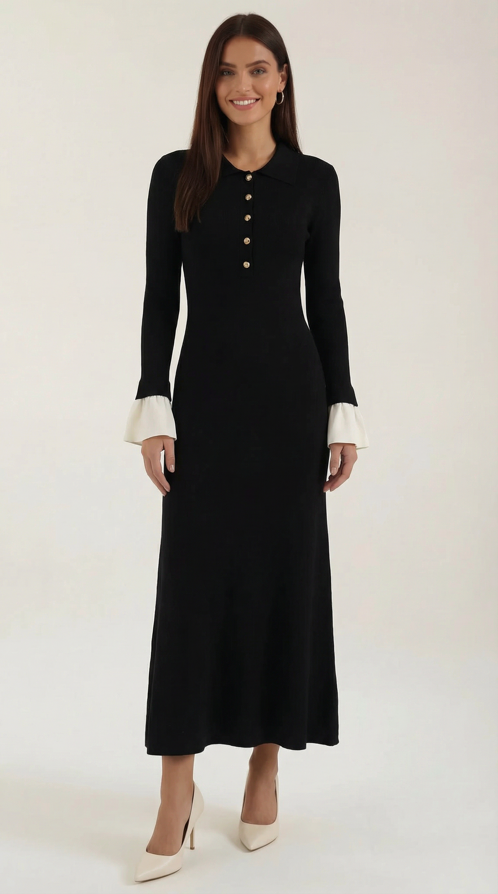 Vestido Maxi de Punto Charlotte con Mangas de Contraste